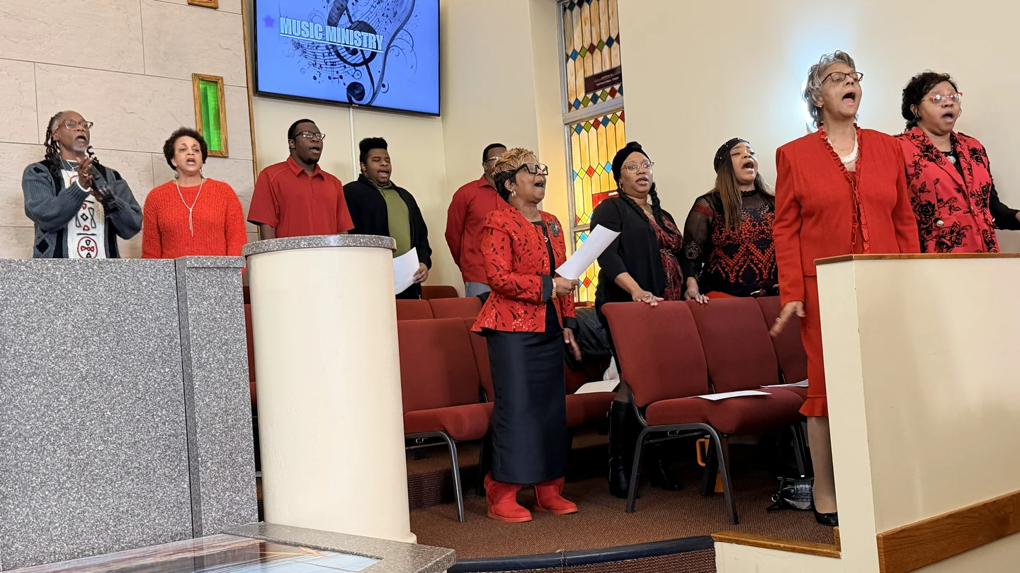 Second Baptist’s choir singing together in the church sanctuary.